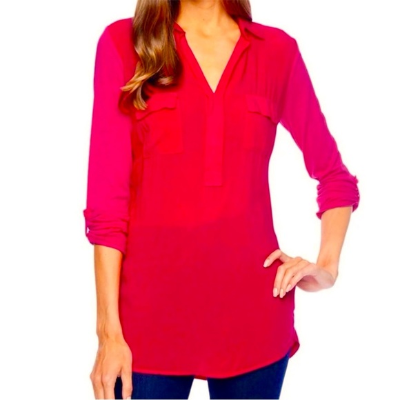 NWOT Splendid Long Sleeve w/ Roll Tab Hot Pink Henley Top Size Small MSRP $98 - Picture 1 of 11